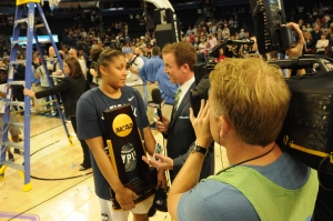 Kaleena Mosqueda-Lewis is interviewed by ESPN's Bob Holtzman after winning the National Championship.